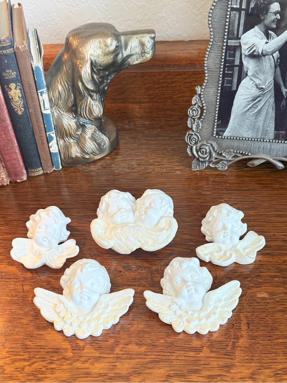 Vintage 80’s Scioto White Ceramic Cherub Plaques with Iridescent Wings Set of 5